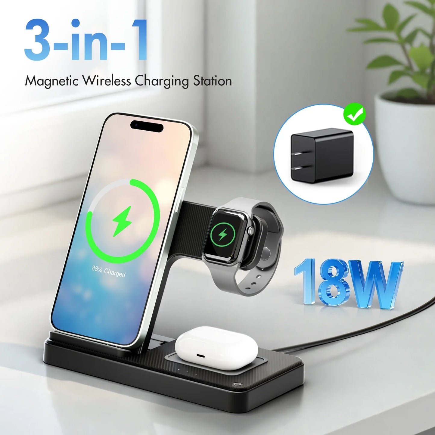 3-in-1 Magnetic Charging Stand – Wireless, Fast & Compact for Desk or Nightstand