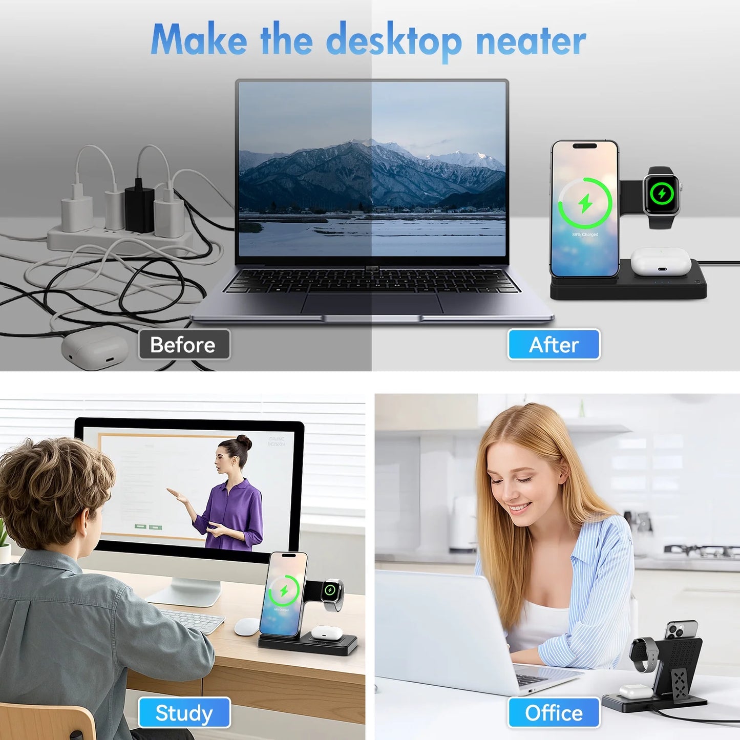3-in-1 Magnetic Charging Stand – Wireless, Fast & Compact for Desk or Nightstand