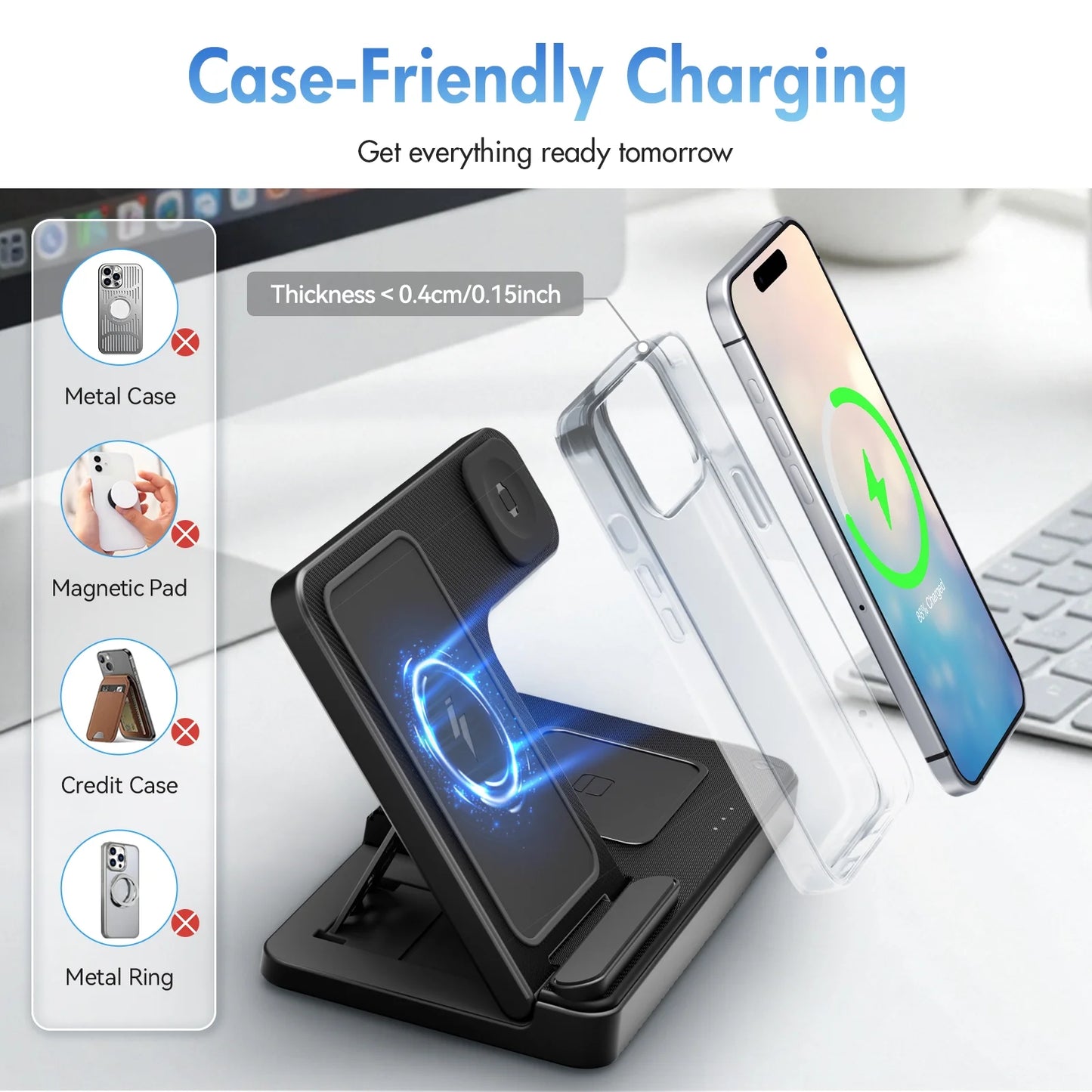 3-in-1 Magnetic Charging Stand – Wireless, Fast & Compact for Desk or Nightstand