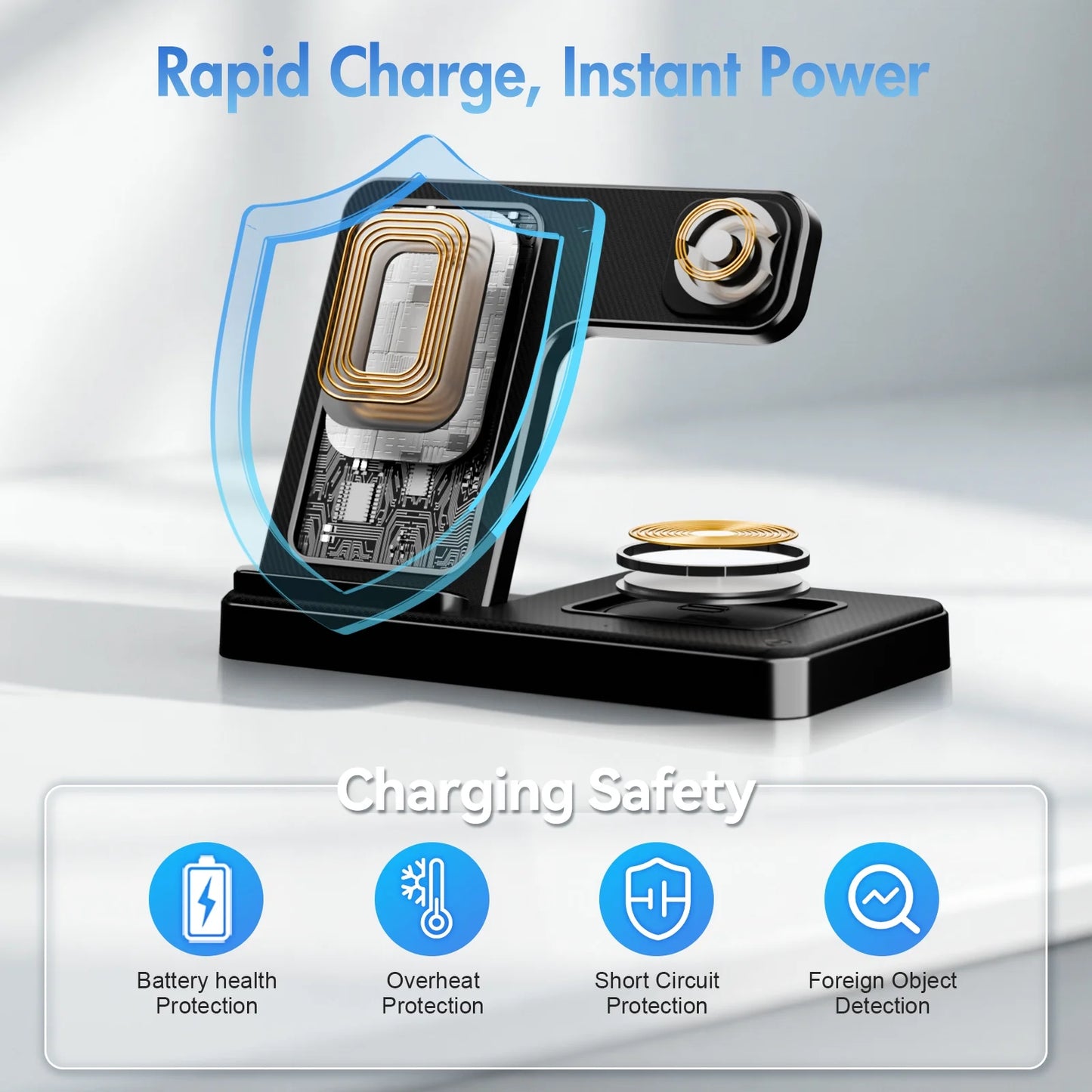 3-in-1 Magnetic Charging Stand – Wireless, Fast & Compact for Desk or Nightstand