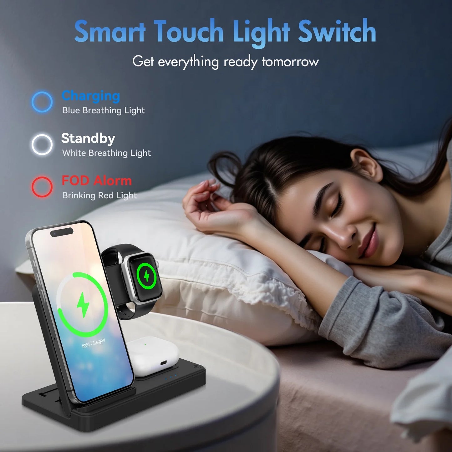 3-in-1 Magnetic Charging Stand – Wireless, Fast & Compact for Desk or Nightstand