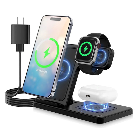 3-in-1 Magnetic Charging Stand – Wireless, Fast & Compact for Desk or Nightstand